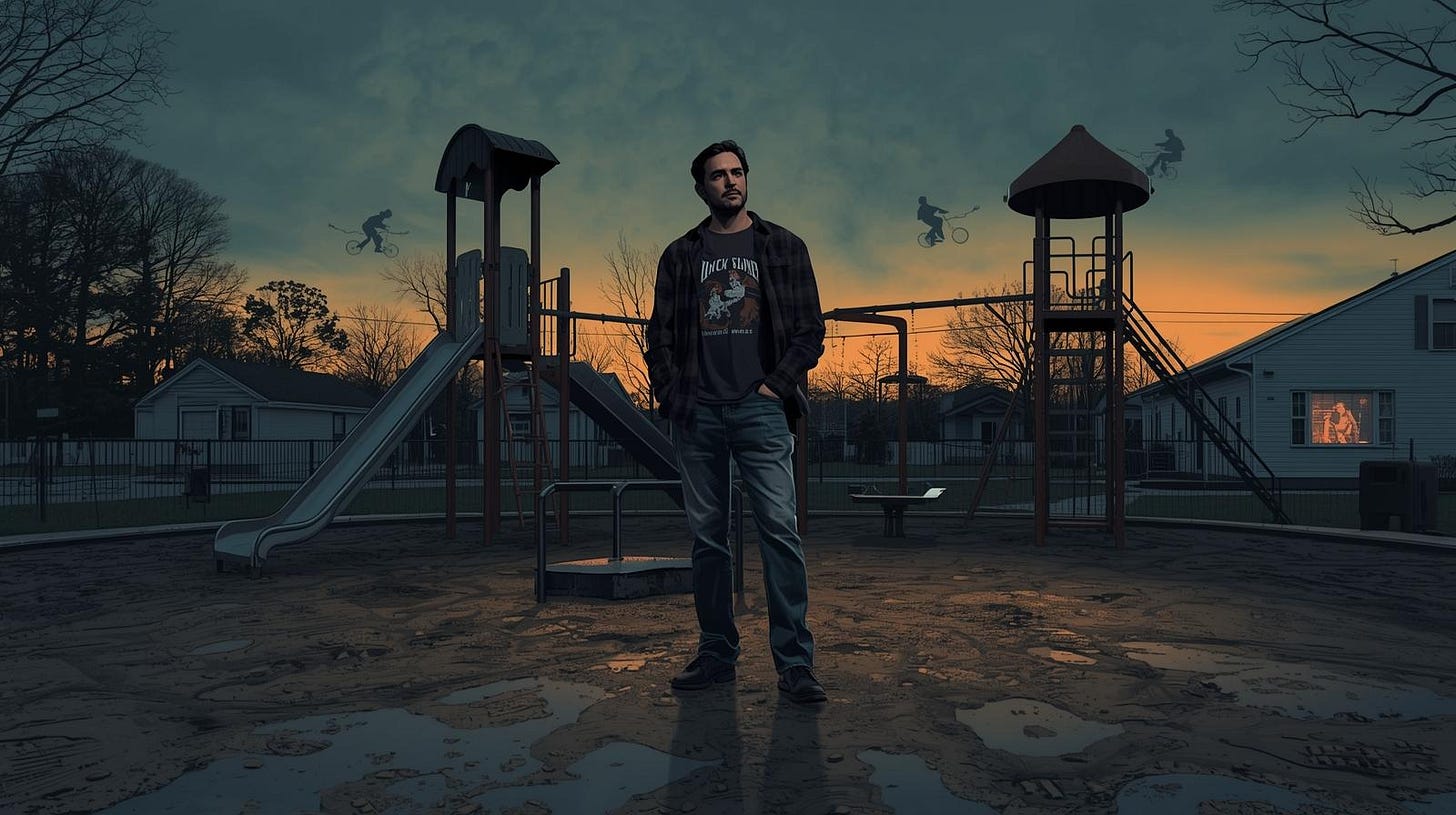 Gen X adult standing at empty suburban playground at dusk with ghosted images of unsupervised children playing in background representing feral generation nostalgia and memories of latchkey childhood without parental supervision Gen X adult standing at empty suburban playground at dusk with ghosted images of unsupervised children playing in background representing feral generation nostalgia and memories of latchkey childhood without parental supervision