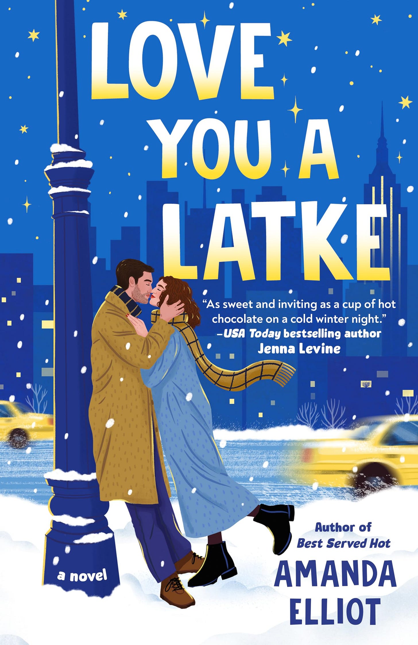 The cover of Love You a Latke shows two people embracing against a wintry NYC backdrop of blue and gold and white. The cover of Love You a Latke shows two people embracing against a wintry NYC backdrop of blue and gold and white.
