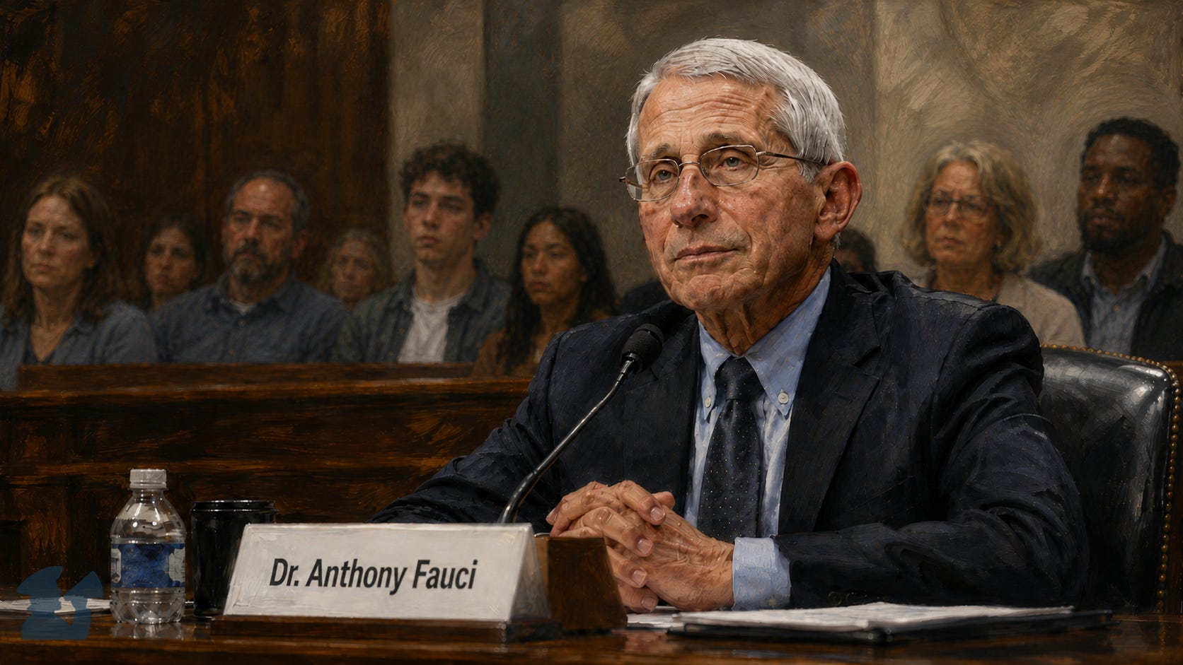 Painterly illustration of Dr. Anthony Fauci seated calmly at a congressional hearing table as a diverse group of citizens watches from the background. Painterly illustration of Dr. Anthony Fauci seated calmly at a congressional hearing table as a diverse group of citizens watches from the background.