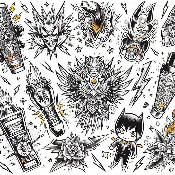 create image of flash paper with anime style tattoos