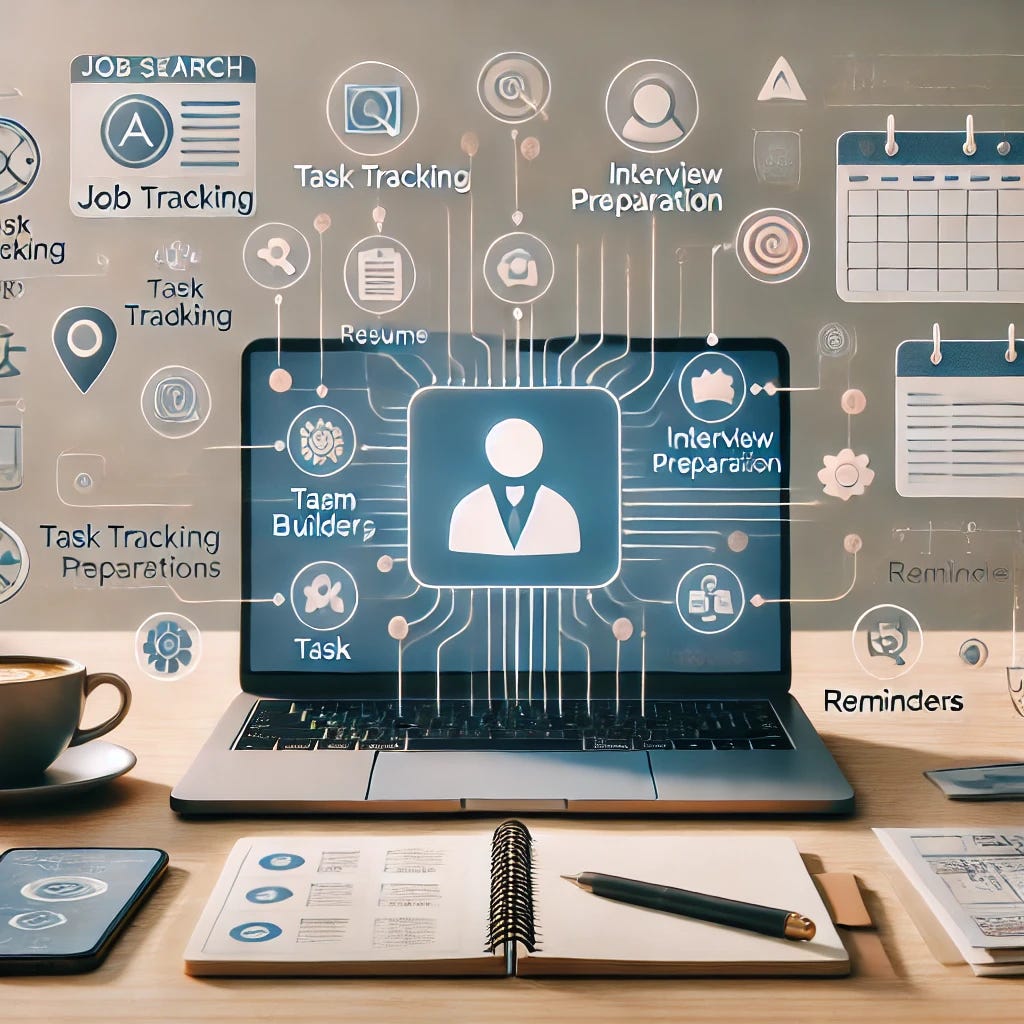 A visually organized and clean digital workspace, featuring a laptop with job search tools like resume builders, calendars, and AI-driven writing assistants on the screen. Around the workspace, icons for task tracking, interview preparation, and reminders float in soft colors, symbolizing the support AI tools provide for job hunting. The setting is calming and minimalistic, with a coffee cup and notebook nearby, reflecting focus and productivity, making it ideal for someone managing ADHD and mental health conditions.