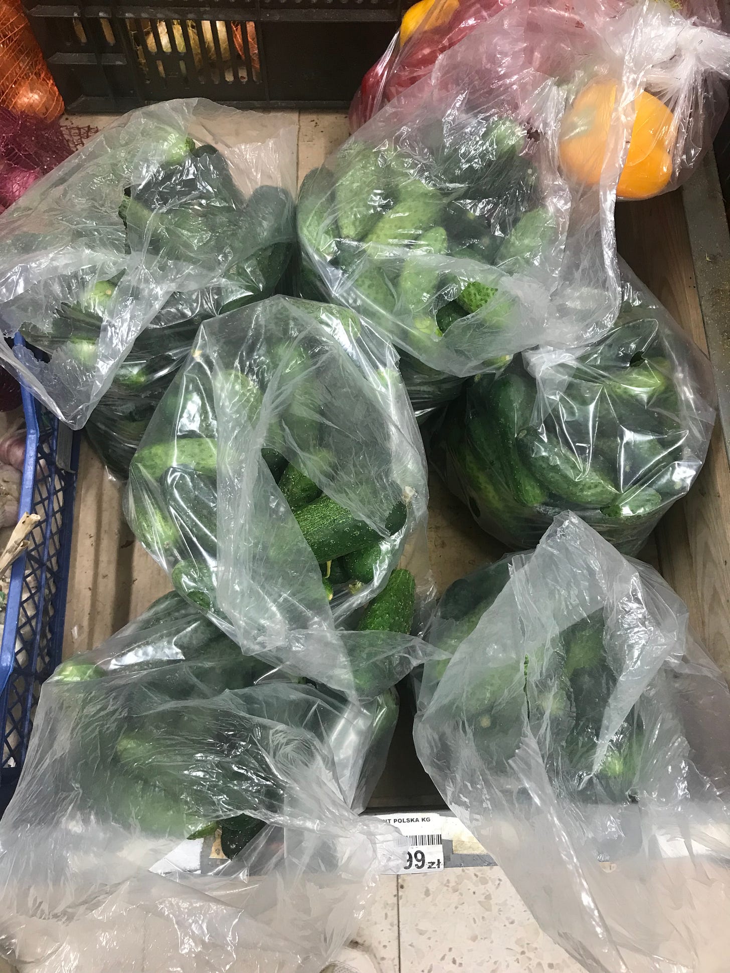 bags of cucumbers waiting to be pickled in a supermarket.