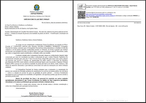 Os três documentos com ordens (ofícios) que centralizam a controvérsia da "devassa nacional" e que são detalhados na reportagem da Vaza Toga 5 correspondem a três cópias do mesmo expediente principal: o Ofício Circular nº 7/2026/COGI, expedido pelo Corregedor Nacional de Justiça, Ministro Mauro Campbell Marques, em 14 de julho de 2026 . Essas ordens foram distribuídas para três ramos distintos do Poder Judiciário nacional com o objetivo de impor uma varredura nos cadastros de peritos judiciais . São eles: Ofício Circular nº 7/2026/COGI (destinado à Justiça Estadual - TJPR): Destinatário: Desembargador Fernando Wolff Bodziak, Corregedor-Geral do Tribunal de Justiça do Estado do Paraná . Documento na memória: Disponível sob o nome SEI_CNJ-2678272-Of cioCircular (baixado).pdf (autenticado com o código verificador 2678272 e CRC F4B49348) . Ofício Circular nº 7/2026/COGI (destinado à Justiça Eleitoral - TRE-DF): Destinatário: Desembargador Angelo Canducci Passarelli, Presidente do Tribunal Regional Eleitoral do Distrito Federal . Documento na memória: Disponível sob o nome SEI-CNJ - 2678392 - Ofício Circular.pdf (autenticado com o código verificador 2678392 e CRC F487F8AF) . Ofício Circular nº 7/2026/COGI (destinado à Justiça Federal - TRF-2): Origem/Caminho: Emitido e tornado público pela própria Corregedoria Regional da Justiça Federal da 2ª Região (TRF-2) . Detalhamento: Este documento não está em anexo como arquivo PDF individual na sua memória, mas é explicitado pela reportagem investigativa . A Corregedoria do TRF-2 reproduziu o texto do Ministro Campbell quase literalmente e repassou as ordens diretamente aos juízes federais do Rio de Janeiro e do Espírito Santo . O que determinavam esses três ofícios? Todos os três documentos impunham a mesma ordem administrativa urgente com prazo improrrogável de 15 dias para resposta : A revisão integral de todos os cadastros e róis de peritos credenciados perante os respectivos tribunais para garantir que ninguém com mandado de prisão em aberto atue em nome do Judiciário ; A cientificação e orientação aos magistrados para que passem a se abster de nomear profissionais com "restrições criminais ativas" .