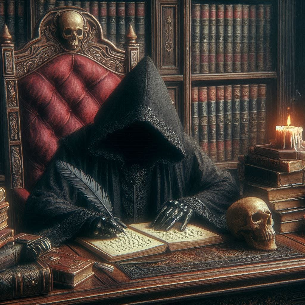 A hooded dark lord writes at his ornate desk with a black-feathered pen seated in a carved wooden throne with red-velvet padding. Behind him his office is filled with ancient leatherbound tomes. There is a skull and a burning wax candle on the desk. Slight impressionist style.