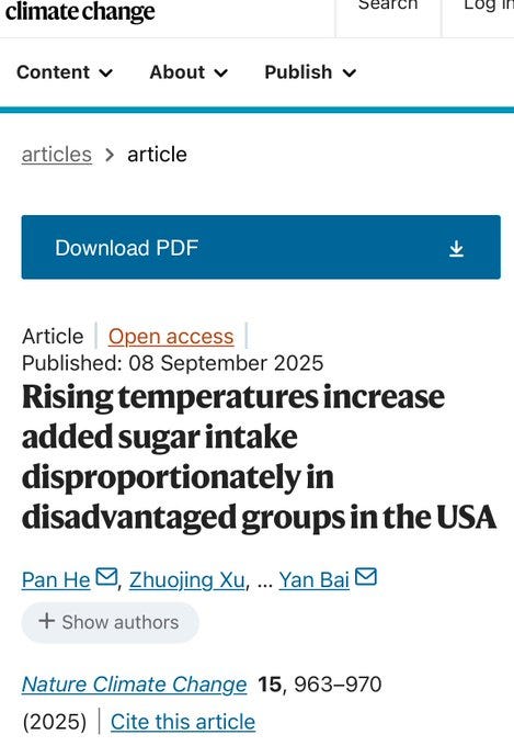 A webpage screenshot displaying an article titled "Rising temperatures increase added sugar intake disproportionately in disadvantaged groups in the USA." The article is published in Nature Climate Change, volume 15, pages 963-970, dated 08 September 2025. Authors Pan He, Zhuojing Xu, and Yan Bai are listed. A blue "Download PDF" button is visible. Text includes "Article | Open access" and publication details.
