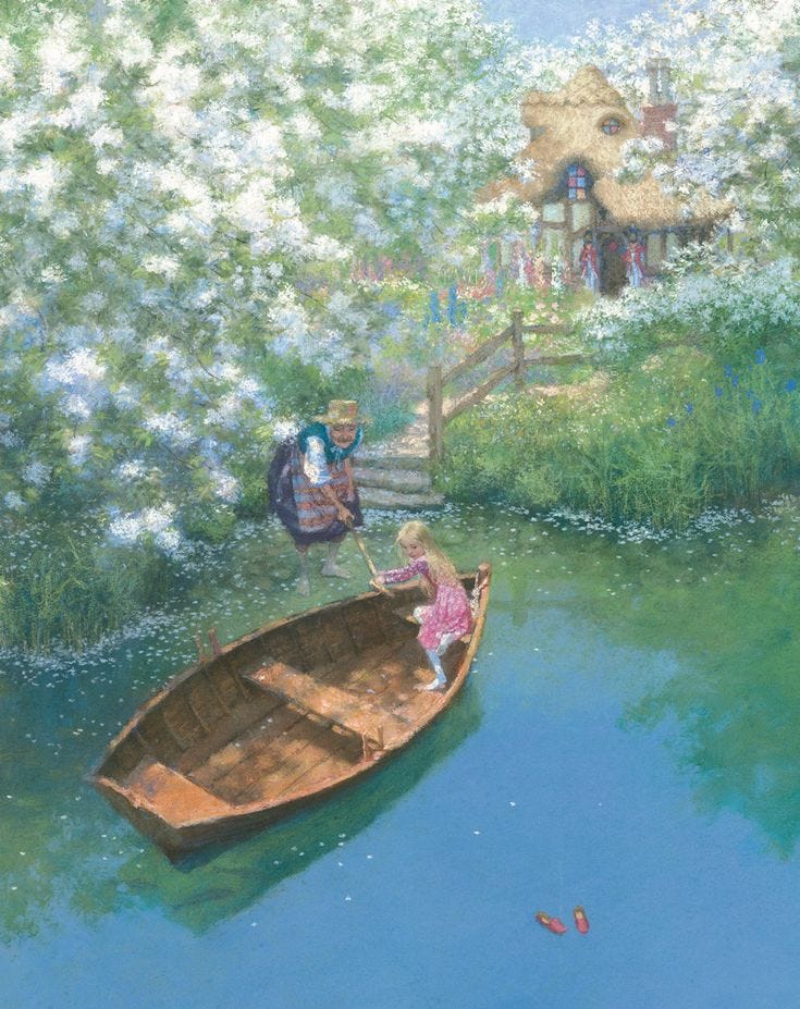 This may contain: an open book with children in a boat on the water and flowers around it, This may contain: an open book with children in a boat on the water and flowers around it,