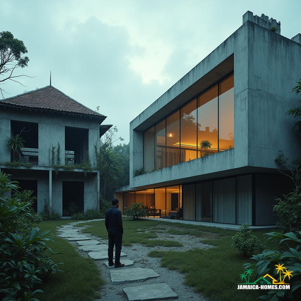 A sleek, modern home with extensive glass facades and angular, protruding square sections, situated in a Jamaican Caribbean landscape, juxtaposed between two unfinished buildings. To the left, a construction site with exposed blocks and trees sprouting from the structure, while to the right, a dilapidated, ramshackle home with a partially collapsed roof, overgrown with foliage, and inhabited by animals. The owner of the modern property stands in the foreground, looking bewildered and unsure. The scene is rendered in a cinematic film style, reminiscent of the works of Denis Villeneuve, Alejandro González Iñárritu, and Terrence Malick. Shot on a virtual RED V-Raptor XL camera, with a 35mm film aesthetic, incorporating subtle film grain, vignette, and a carefully crafted color grade. The lighting is dramatic and atmospheric, with a focus on capturing the interplay between natural and artificial light sources. The overall mood is one of tension and unease, inviting the viewer to ponder the contrast between progress and decay.