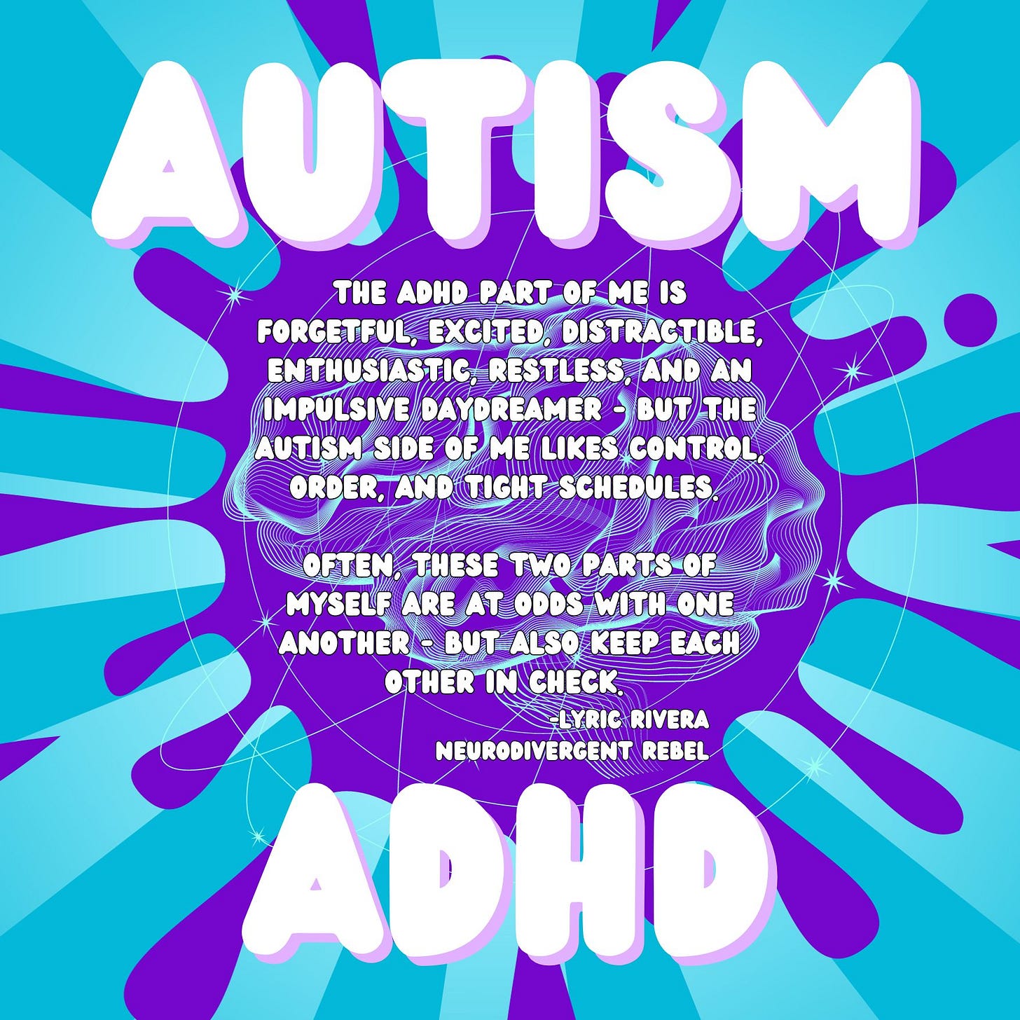 The ADHD part of me is forgetful, excited, distractible, enthusiastic, restless, and an impulsive daydreamer - but the Autism side of me likes control, order, and tight schedules. Often, these two parts of myself are at odds with one another - but also keep each other in check. The ADHD part of me is forgetful, excited, distractible, enthusiastic, restless, and an impulsive daydreamer - but the Autism side of me likes control, order, and tight schedules. Often, these two parts of myself are at odds with one another - but also keep each other in check.