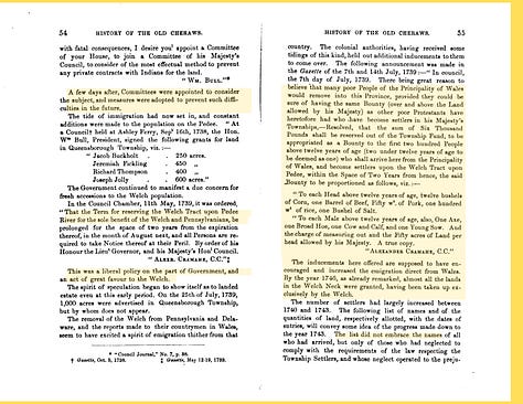 Scanned two-page spreads from an 1867 history book, dense columns of printed text with passages highlighted in yellow and purple marking references to early Welsh settlers on the Pedee River in colonial South Carolina, including the surname Sorrency in several spellings.