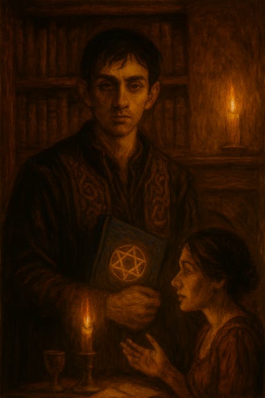 Victor Vallakovich standing in a dimly lit hallway of the Vallakovich mansion, with a book tucked under his arm. He is in his late twenties, pale and slightly off-kilter, dressed in a rumpled tunic beneath an ornate vest, with ink-stained cuffs and a chalk stick clutched in one hand. The book under his arm is bound in navy-blue leather, its corners worn and stained with ash. On the cover, partially visible, is the sigil of Khazan—a six-pointed star formed by two overlapping triangles, arcane and geometric, gilded faintly and catching the candlelight. Victor’s expression is distant, calculating, with a faint smile that suggests he’s read too far into the margins. The hallway is lined with portraits and flickering sconces, casting long shadows.