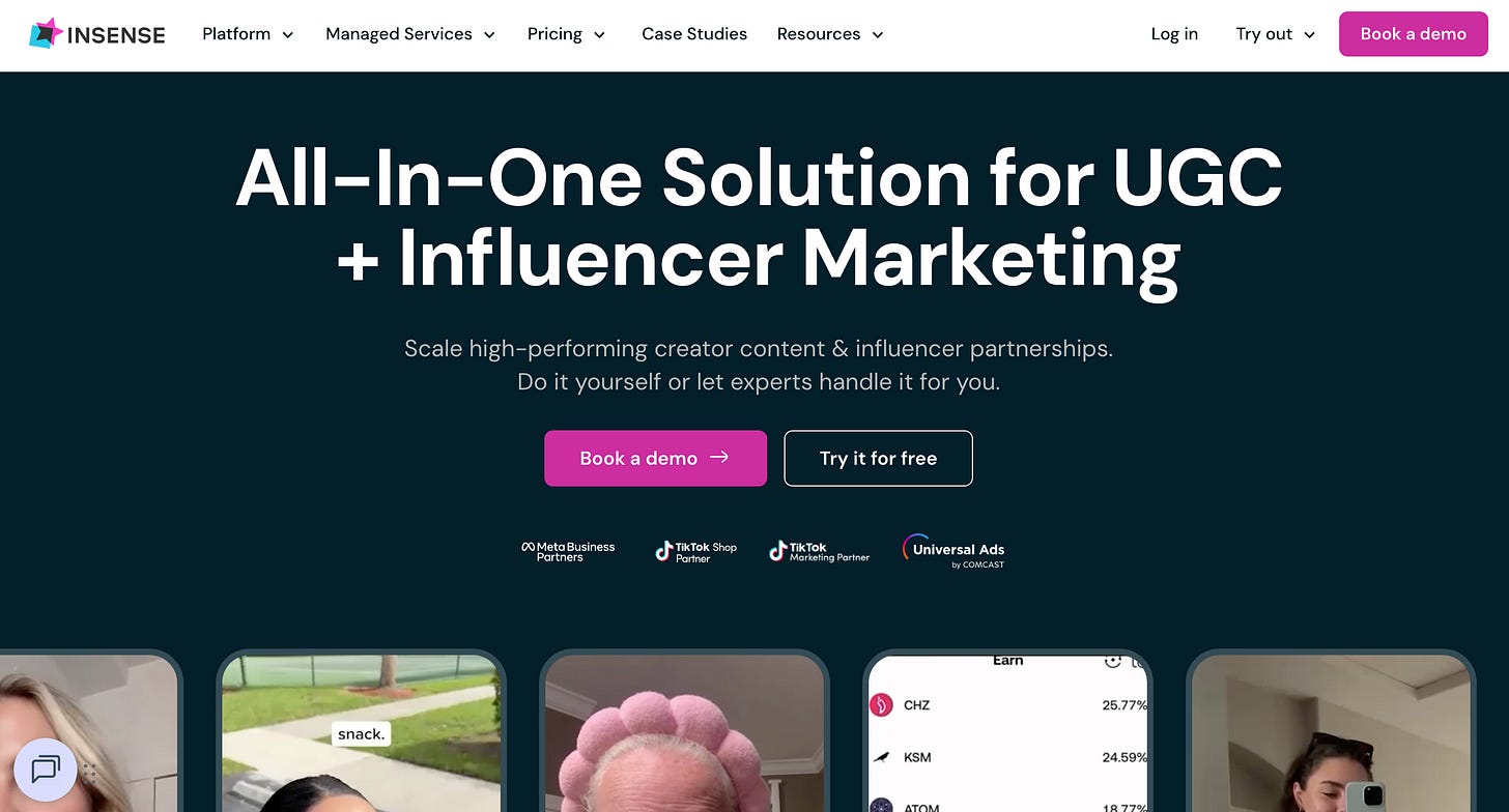 Screenshot of the Insense homepage with the headline “All-In-One Solution for UGC + Influencer Marketing,” Book a demo and Try it for free buttons, and a row of creator video thumbnails.