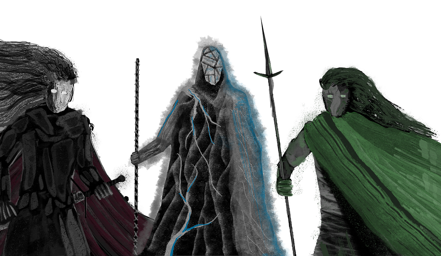 Three fantasy figures in a row, one with a sword, one with a staff, and one with a spear.