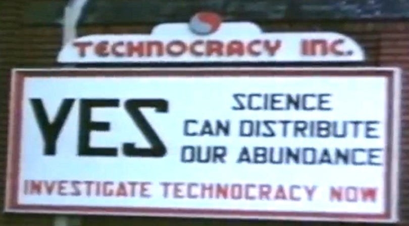 As imagens acima são stills de um documentário produzido pela Technocracy Inc. na década de 1940. Na foto de cima, uma carreata da Technocracy Inc. se prepara para cruzar a fronteira para a Colúmbia Britânica durante a Operação Columbia em 1º de julho de 1947. A segunda foto é uma placa promovendo a Technocracy do lado de fora de sua sede em Victoria, Colúmbia Britânica, em 1942. (Technocracyinc.org) As imagens acima são stills de um documentário produzido pela Technocracy Inc. na década de 1940. Na foto de cima, uma carreata da Technocracy Inc. se prepara para cruzar a fronteira para a Colúmbia Britânica durante a Operação Columbia em 1º de julho de 1947. A segunda foto é uma placa promovendo a Technocracy do lado de fora de sua sede em Victoria, Colúmbia Britânica, em 1942. (Technocracyinc.org)