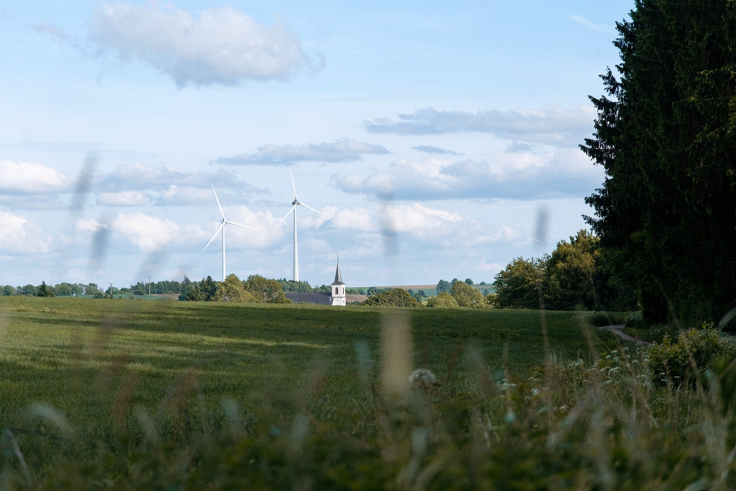 A wide landscape framed by tall grasses in the foreground. Beyond them, rolling farmland stretches into the distance, dotted with historic church towers and modern wind turbines. The scene captures the layered coexistence of tradition, industry, and nature.