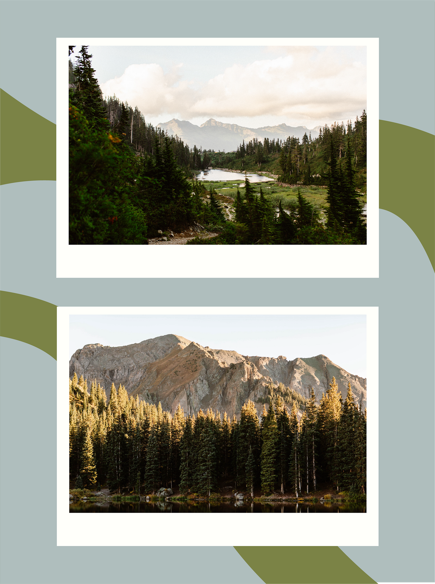 two golden hour mountain views along hiking trails in the alpine