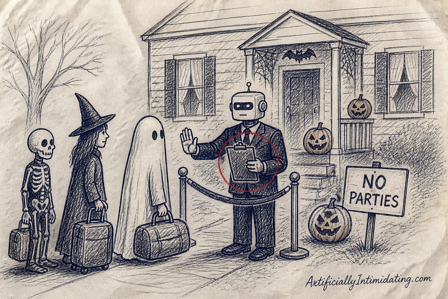 A robot bouncer in a black suit holds a clipboard behind a velvet rope in front of a Halloween house, turning away a ghost carrying an overnight bag while a witch and skeleton wait in line beside a NO PARTIES yard sign.