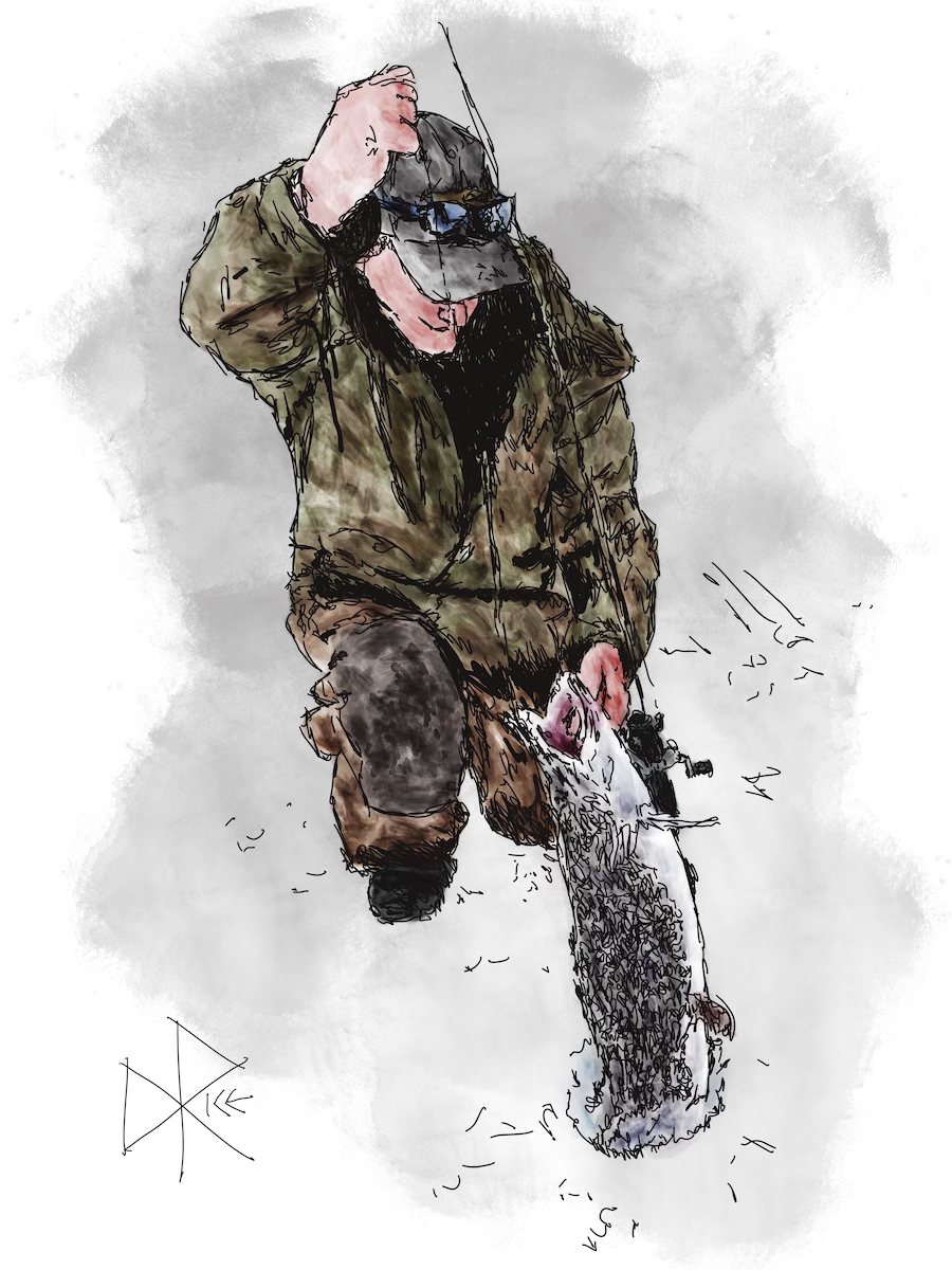 With his fishing rod resting against his shoulder, after much back and forth on the line, a fisherman gets himself down on one knee to lift a large Northern Pike (a.k.a. Jackfish) out of the hole in the ice. After removing the hook and snapping a photo record of the Jack, it was released back into the lake. Sketch art by Don Rice.