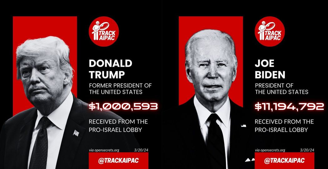 May be a graphic of 2 people and text that says 'TRACK AIPAC ITRACK . AIPAC DONALD TRUMP FORMERPRESIDENT FORMER PRESIDENT OF THE UNITED STATES JOE BIDEN PRESIDENT OF THE UNITED STATES $7, $1,000,593 593 RECEIVED RECEIVEDFROMTHE FROM THE PRO- PRO-ISRAEL LOBBY $77, $77,194, 792 via opensecrets.org 3/20/24 @TRACKAIPAC RECEIVED FROM TH PRO- PRO-ISRAEL LOBBY idopensecrets.orj 3/20/24 @TRACKAIPAC'
