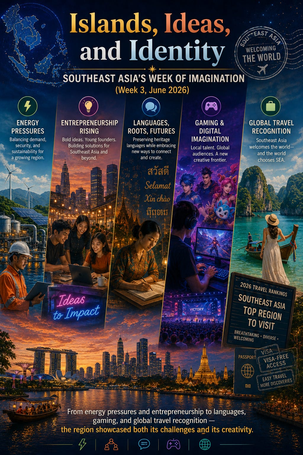 An infographic poster titled "Islands, Ideas, and Identity: Southeast Asia’s Week of Imagination (Week 3, June 2026)" from The Southeast Asia Desk. The image, 54bbb0d1-7c90-469f-96f5-589fa806d25e_1024x1536.webp, features a composite waterfront cityscape at the bottom showcasing landmarks like Marina Bay Sands, the Petronas Twin Towers, and Wat Arun at dusk. The main body of the poster is divided into five vertical thematic columns:  Energy Pressures: Shows a worker in a hard hat holding a digital tablet in front of solar panels and wind turbines.  Entrepreneurship Rising: Features three young professionals collaborating over a laptop with a neon sign that reads "Ideas to Impact."  Languages, Roots, Futures: Depicts a woman in traditional attire writing in a notebook beneath regional greetings such as "สวัสดี" and "Selamat."  Gaming & Digital Imagination: Displays a gamer wearing headphones in front of a monitor, surrounded by vibrant anime-style game characters and an esports arena crowd.  Global Travel Recognition: Illustrates a woman in a white dress and sun hat looking out at a tropical bay with limestone cliffs, next to a plaque reading "2026 Travel Rankings: Southeast Asia Top Region to Visit."  The text at the bottom concludes: "From energy pressures and entrepreneurship to languages, gaming, and global travel recognition—the region showcased both its challenges and its creativity."
