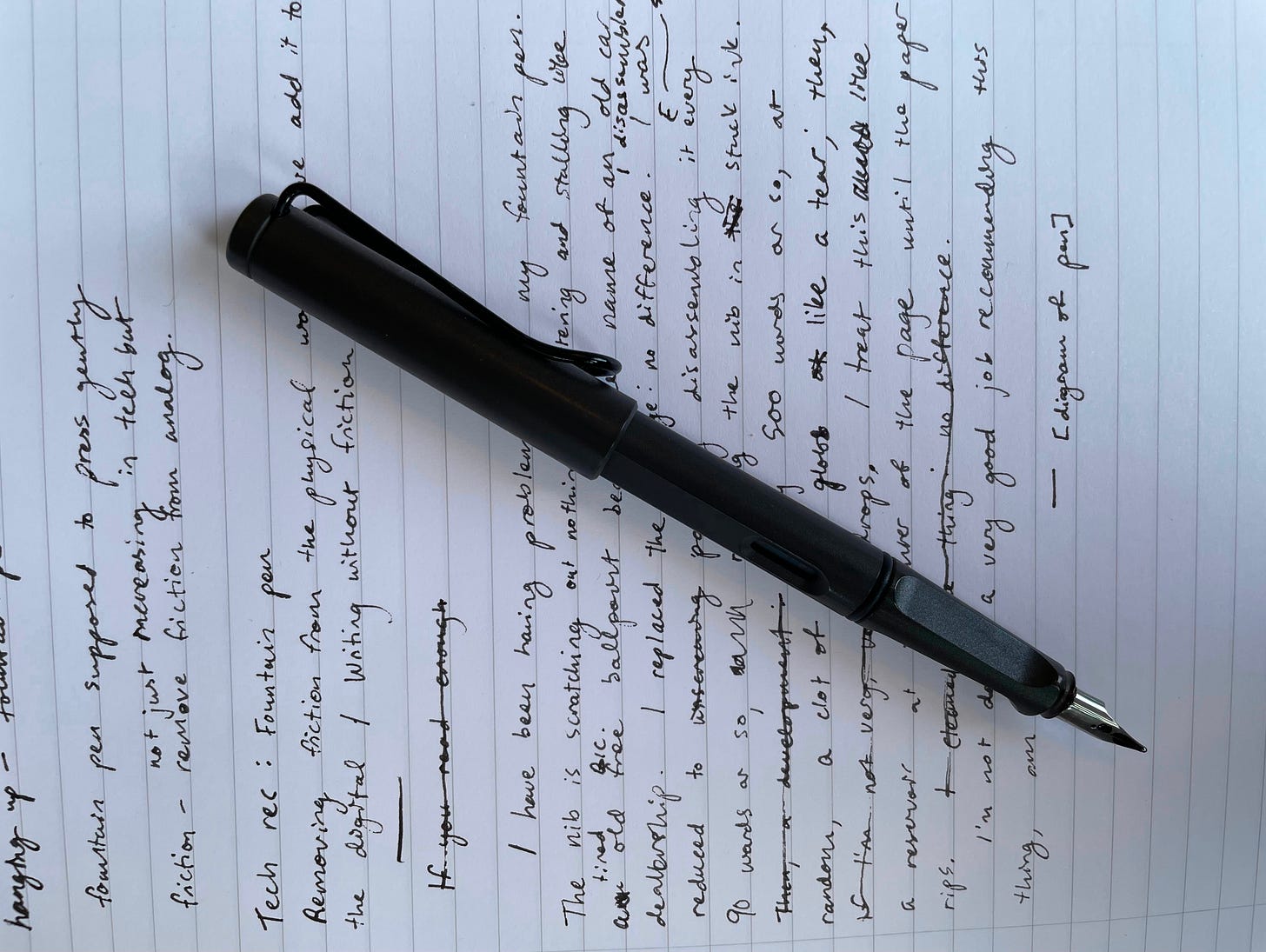 Lamy Safari on a page covered in the handwritten version of this post