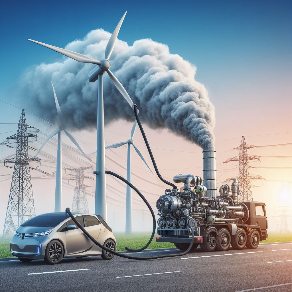 A wind turbine connected to a diesel generator with a cable and the diesel generator has polluting exhaust gases