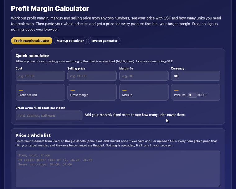 Demo: the free Profit Margin and Markup Calculator in action Demo: the free Profit Margin and Markup Calculator in action