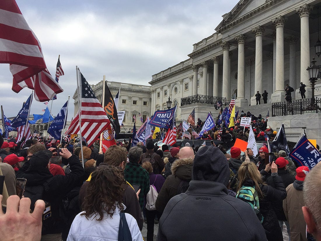 crowd of peopel outside the capital with flags and trump signs; day of the insurrection
