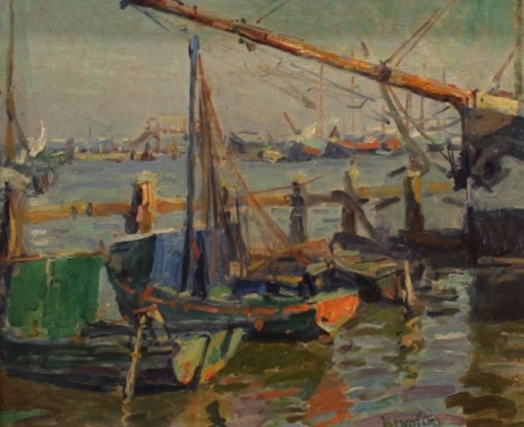 'Houthaven te Amsterdam' - Olieverf op board: Hendrik Jan Wolter (kavel 7270)