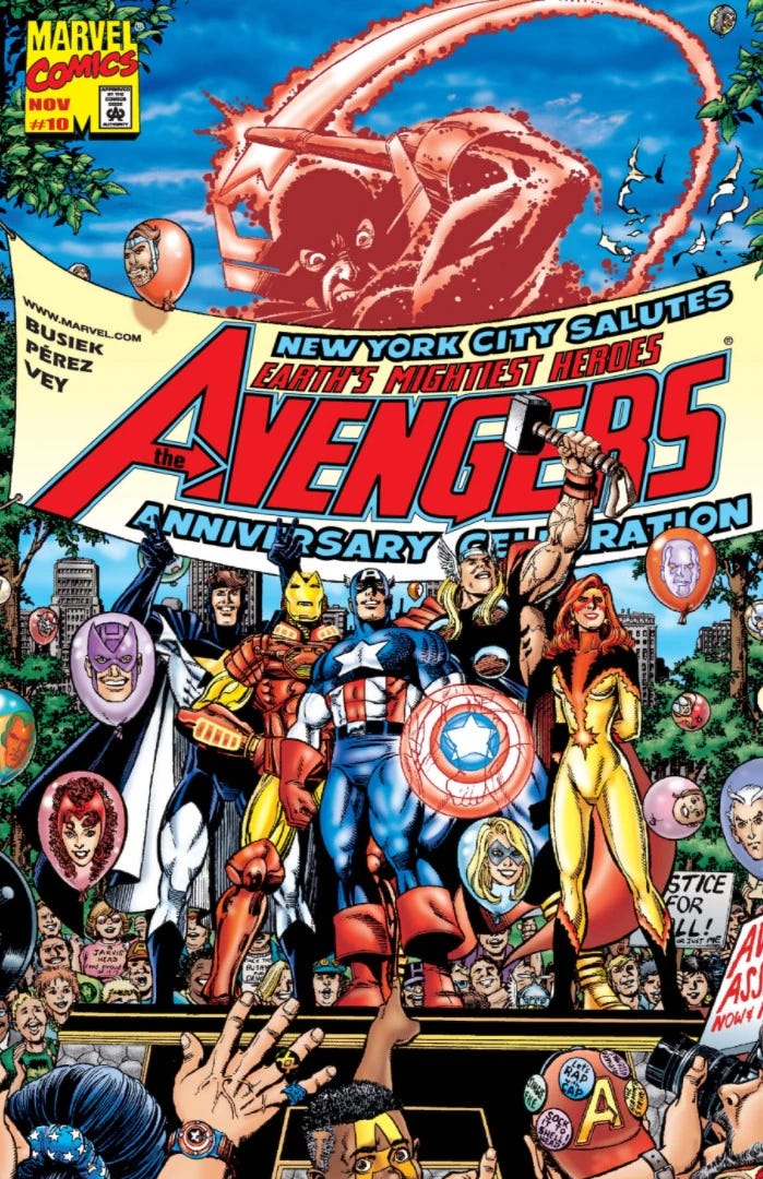 The Avengers stand on a platform with a banner saying "New York Celebrates Earth's Mightiest Heroes, the Avengers" behind them. Behind THAT, the Grim Reaper appears as a ghostly figure swinging his reaper. 