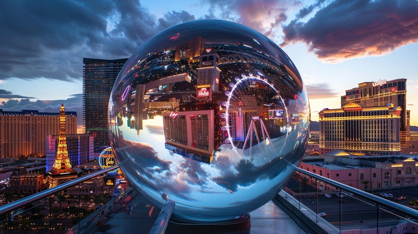 As the sun dips below the horizon, the vibrant hues of dusk paint the sky above the bustling cityscape, which is masterfully encapsulated within a glass sphere. This reflective orb cleverly mirrors the surrounding urban environment, creating a mesmerizing mixture of color and light. The towering skyscrapers, glowing neon signs, and the city's iconic landmarks are all inverted and miniaturized in the sphere's surface, producing a unique perspective of this dynamic metropolis.