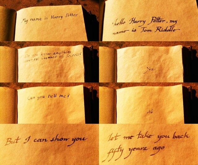 A sequence of images showing handwritten ink magically appearing and conversing on the blank pages of an old diary. A sequence of images showing handwritten ink magically appearing and conversing on the blank pages of an old diary.