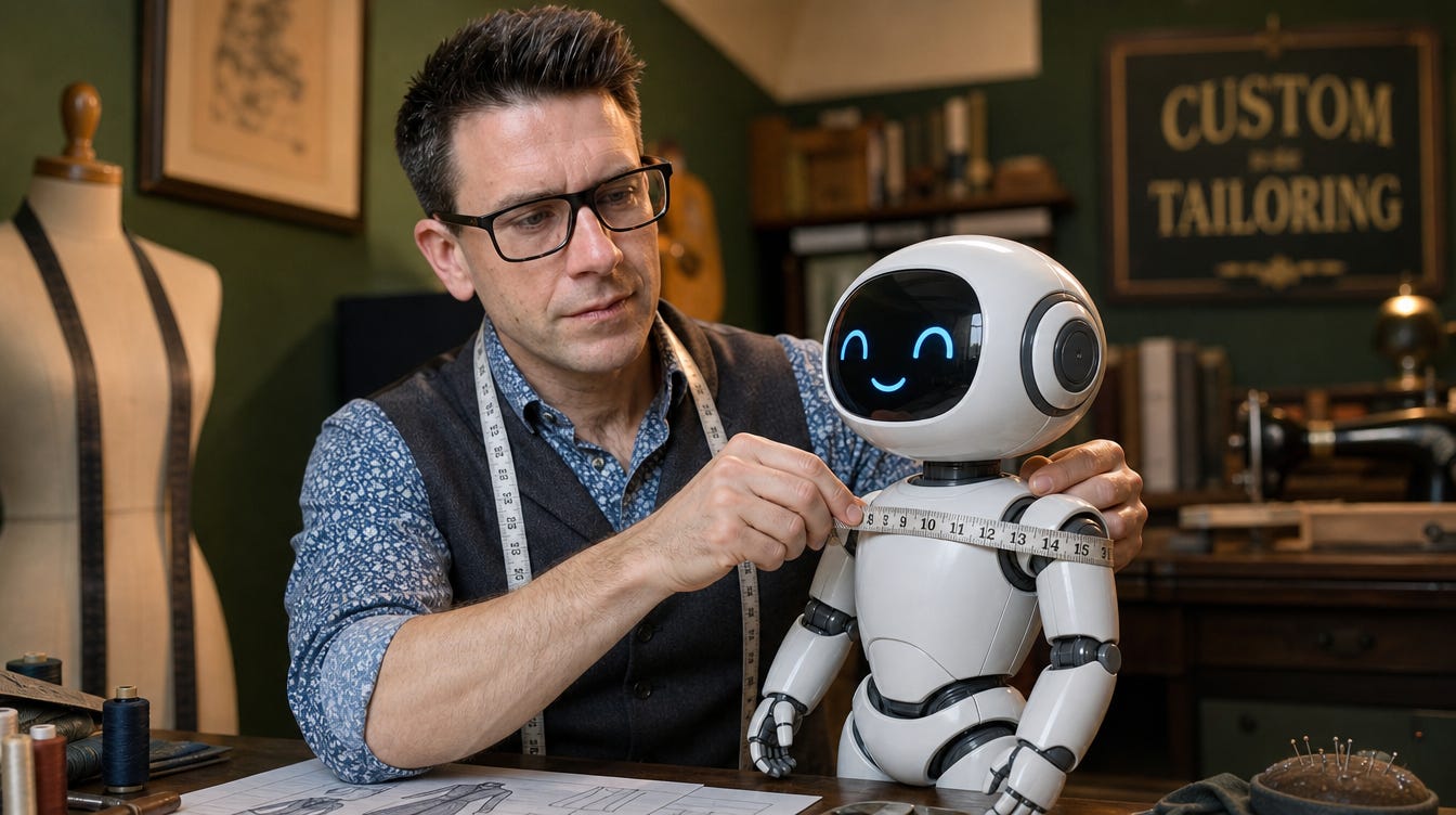 AI-generated image of the author as a tailor, measuring a small cute robot with a tape measure