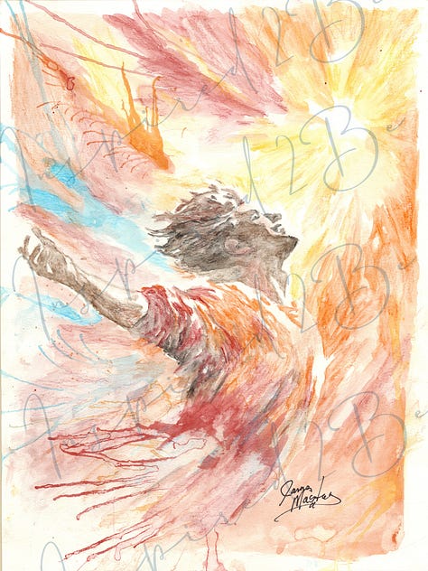 Upper Right: A person painting a spiritual looking mirror image, upper middle, a person curled up and looking sad, upper left: a person tangled up in a ball of string, lower right a person screaming with colors exploding from them, bottom middle: a person facing the sun with arms outstretched, bottom left: a person spinning around with a long dress on and the dress is flying in the wind.