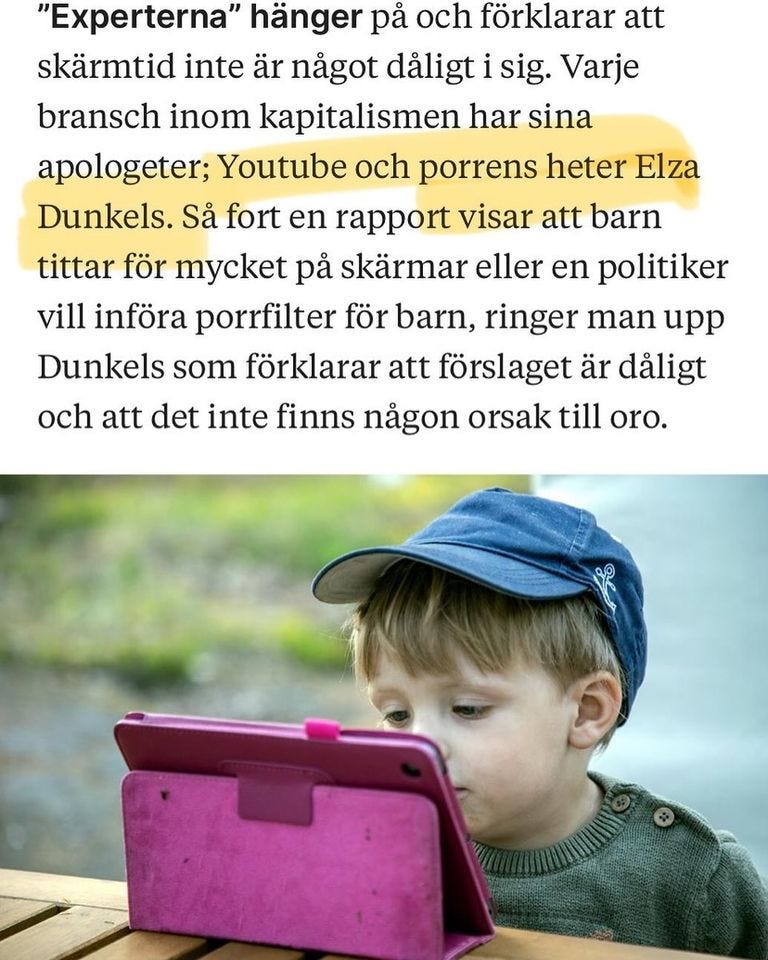Bild som föreställer ett barn och en platta, tillsammans med ett citat som återfinns i min text. Jag har markerat orden "Youtube och porrens heter Elza Dunkels."