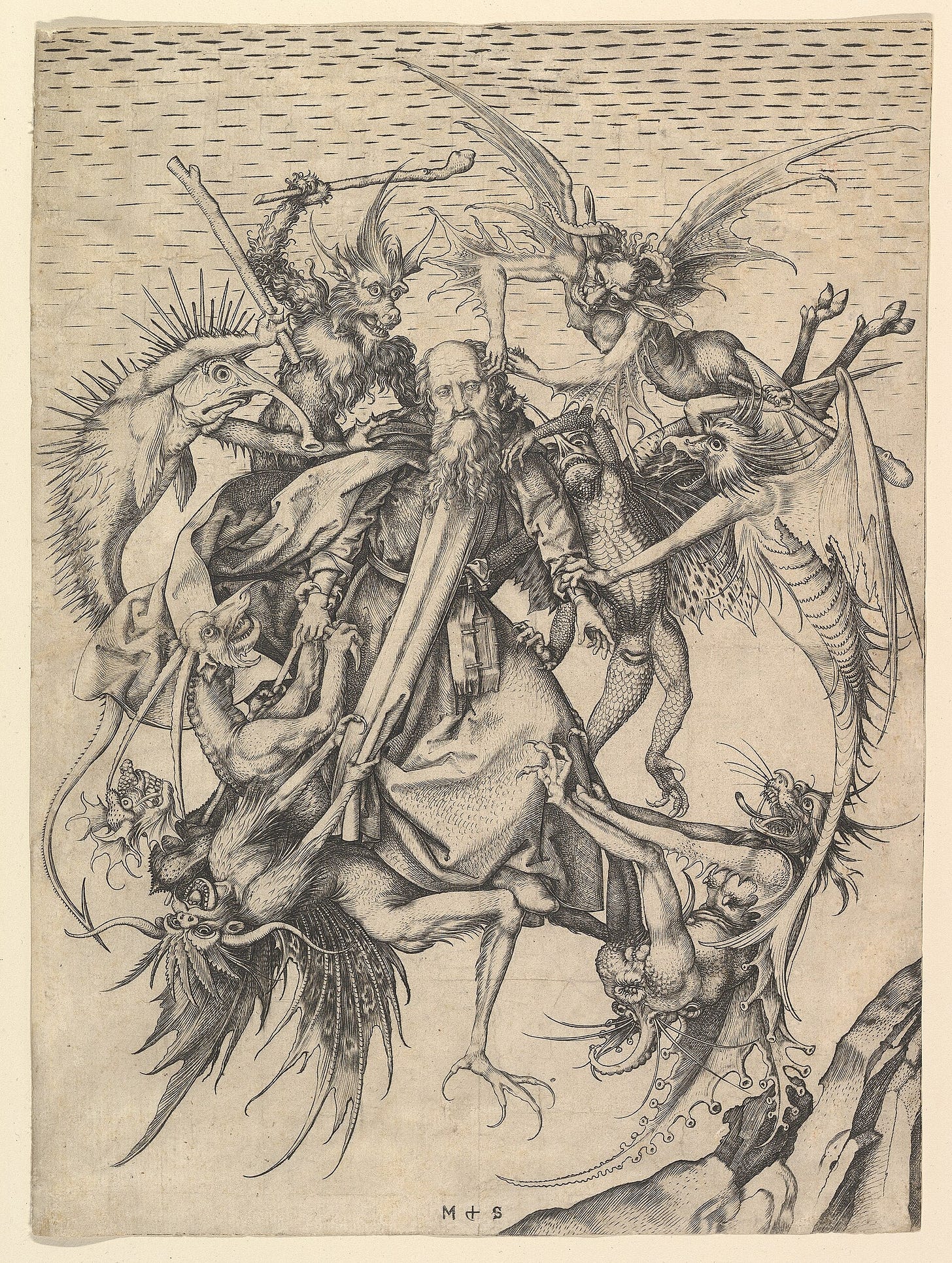 An engraving of an old bearded saint lifted into the air by a swarm of demons with scales, spines, horns and bat wings, who pull at his robe, his hair and his book while he stays calm. An engraving of an old bearded saint lifted into the air by a swarm of demons with scales, spines, horns and bat wings, who pull at his robe, his hair and his book while he stays calm.
