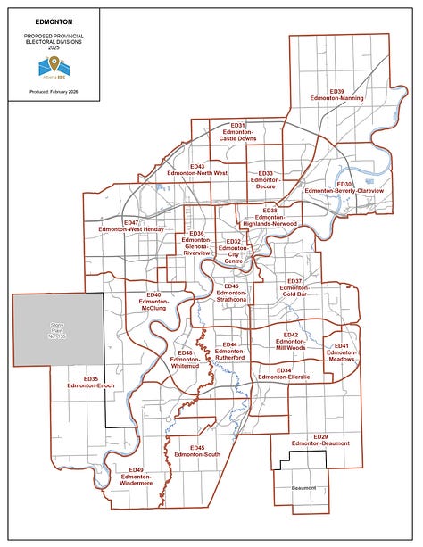 The Alberta, Calgary and Edmonton maps endorsed by the majority of the Electoral Boundaries Commission.