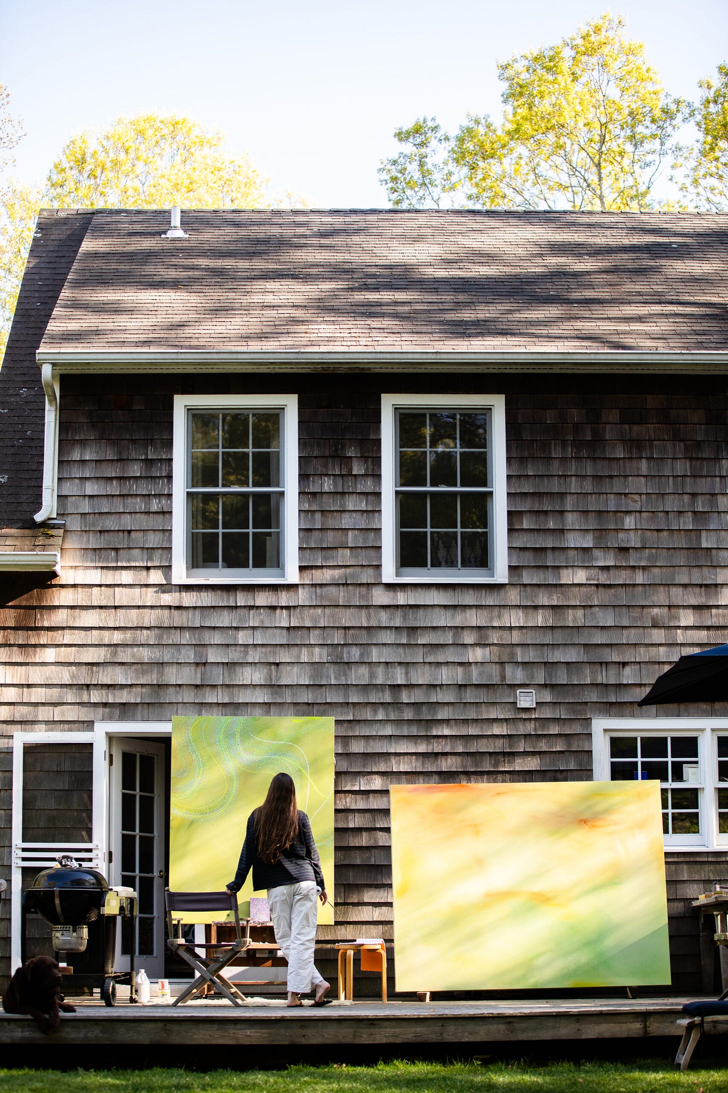 Gwen O'Neil painting at her East Hampton home.