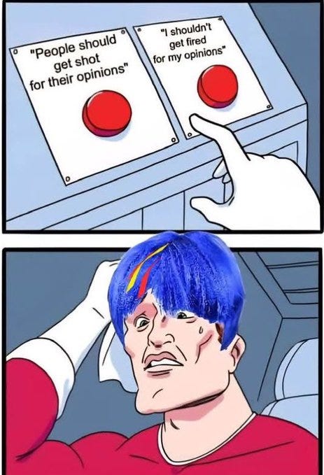 Two panels. The top panel shows two red buttons on a panel, each labeled with white signs reading "People should get shot for their opinions" and "I shouldn\'t get fired for my opinions," with a hand pointing at the second button. The bottom panel depicts a person with blue hair and a red shirt, holding a white cloth to their face, appearing confused or distressed.