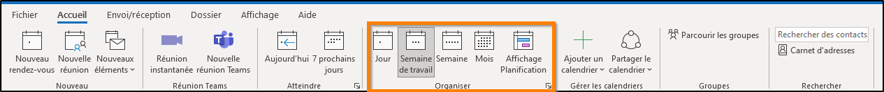 Modifier l'affichage du calendrier dans Outlook - les affichages par défaut dans Outlook 365