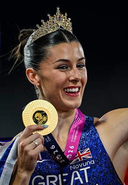 Birmingham , United Kingdom - 13 August 2026; Amy Hunt of Great Britain and Northern ireland celebrates winning gold in the women's 200m final during...