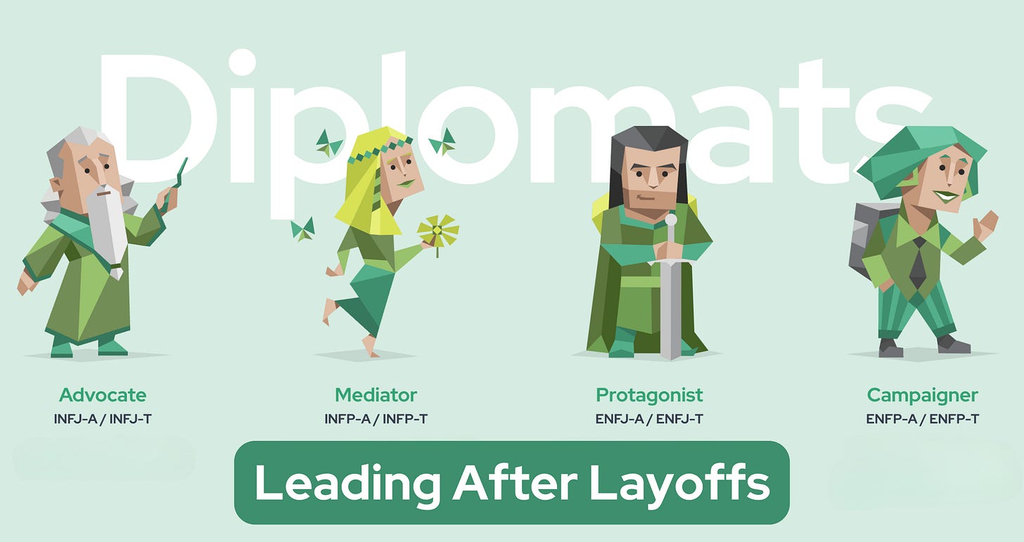 The word 'Diplomats' is prominently displayed, with four green characters overlapping it - an Advocate, a Mediator, a Protagonist, and a Campaigner. The type codes are also displayed: INFJ-A / INFJ-T, INFP-A / INFP-T, ENFJ-A / ENFJ-T, and ENFP-A / ENFP-T. Below, the words 'Leading After Layoffs' are shown. The word 'Diplomats' is prominently displayed, with four green characters overlapping it - an Advocate, a Mediator, a Protagonist, and a Campaigner. The type codes are also displayed: INFJ-A / INFJ-T, INFP-A / INFP-T, ENFJ-A / ENFJ-T, and ENFP-A / ENFP-T. Below, the words 'Leading After Layoffs' are shown.