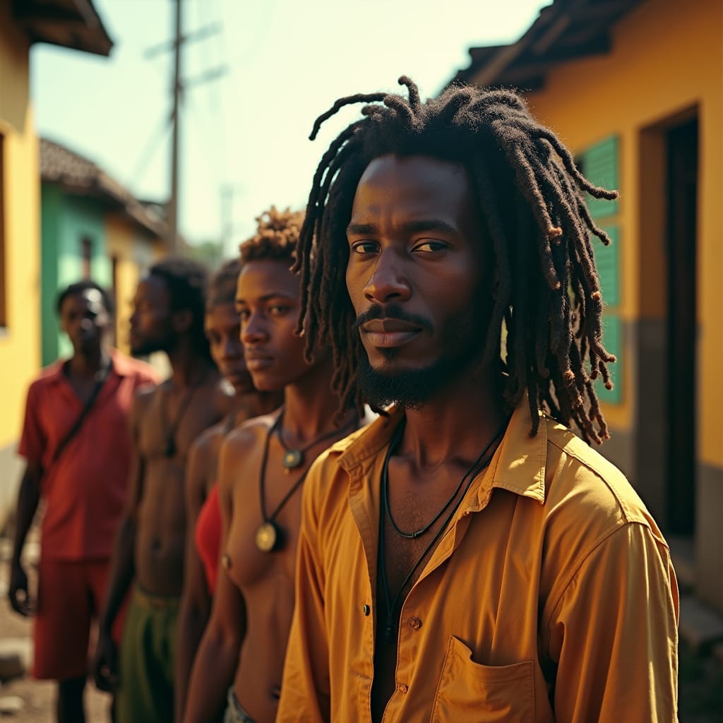 Vibrant, cinematic portrait of a community of proud, dreadlocked Rastafarian men and women, set amidst the colorful, ramshackle architecture of 1930s Jamaica, dressed in traditional, earth-toned clothing, with warm, golden lighting casting long shadows, evoking a sense of authenticity and raw emotion