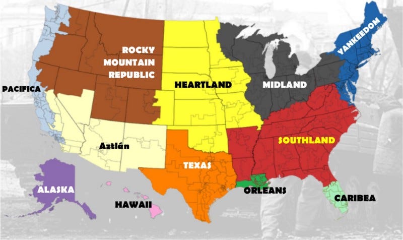 A map of the USA, re-imagined as 12 nations.