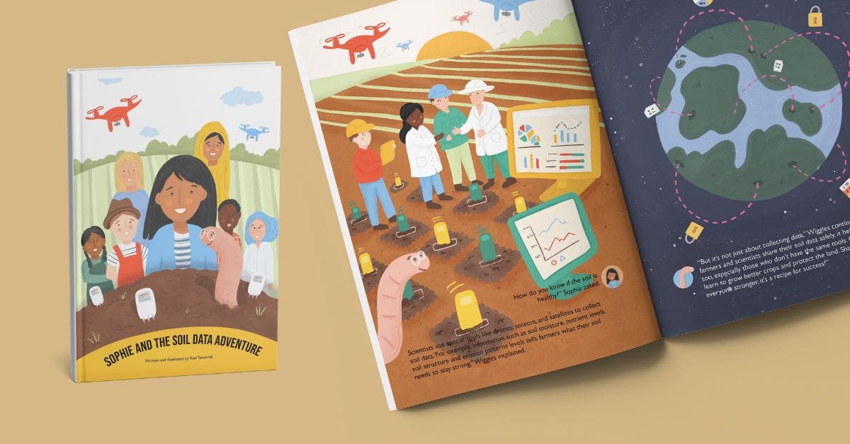 A picture book style mockup with a diverse group of illustrated characters and soil based environments.