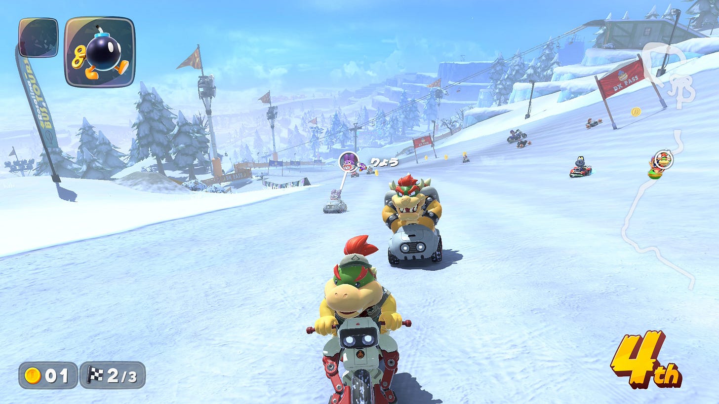 Bowser Jr. looks behind at a pack of racers while holding a Bob-Omb