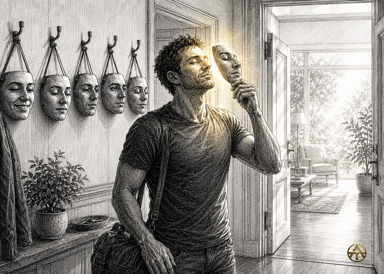 A man removes the last of several composed masks at a sunlit doorway, revealing his tired uncovered face before entering home. A man removes the last of several composed masks at a sunlit doorway, revealing his tired uncovered face before entering home.