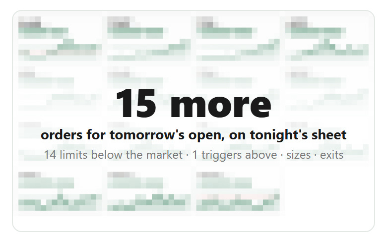 15 more orders for tomorrow's open on tonight's sheet, shown blurred.