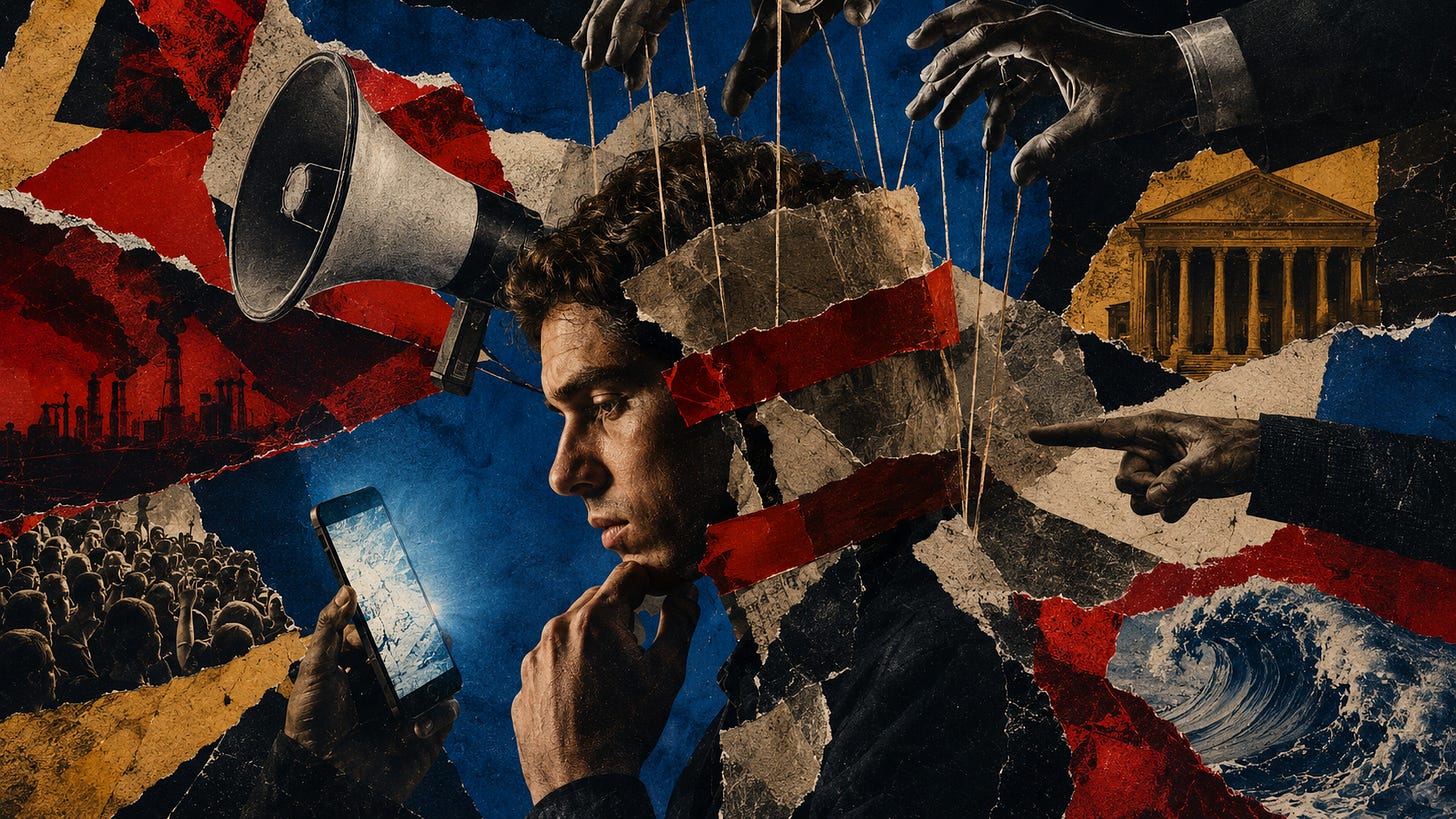 Man surrounded by media, institutions, phones, and puppet strings, symbolizing manipulation and independent thinking.