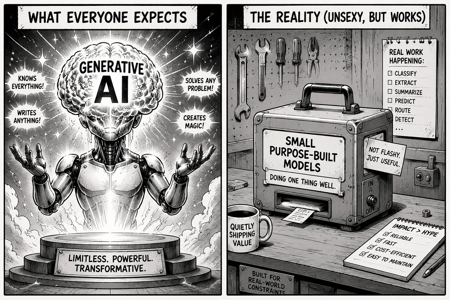 Black-and-white two-panel comic contrasting AI hype with practical AI use. The left panel, labeled “What everyone expects,” shows a glowing futuristic robot with a brain labeled “Generative AI,” surrounded by sparkles and exaggerated promises like “knows everything” and “solves any problem.” The right panel, labeled “The reality (unsexy, but works),” shows a plain toolbox-like machine labeled “small purpose-built models” quietly completing useful tasks such as classifying, extracting, summarizing, predicting, routing, and detecting.
