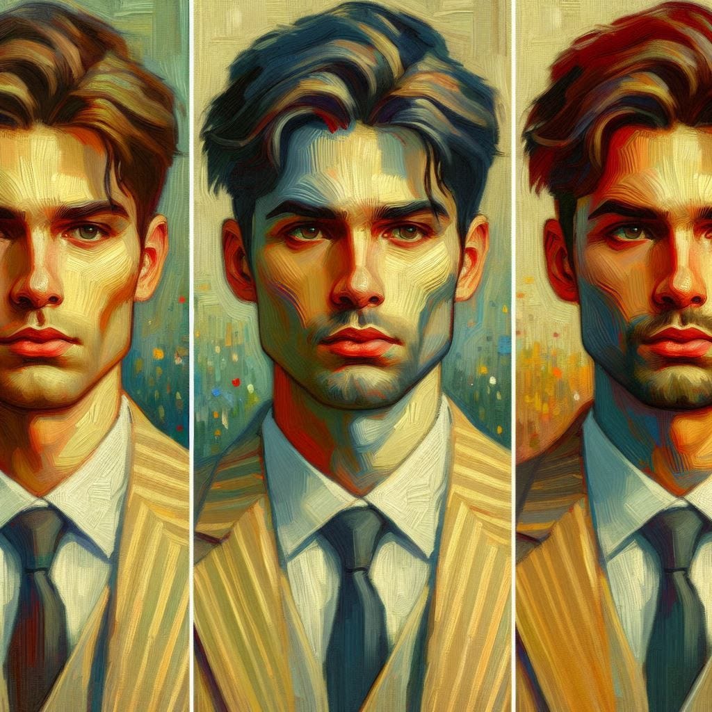 Three variants of the same average man aged 25. The variant on the left is more attractive than the middle, the one on the right is less attractive. Impressionist style Three variants of the same average man aged 25. The variant on the left is more attractive than the middle, the one on the right is less attractive. Impressionist style